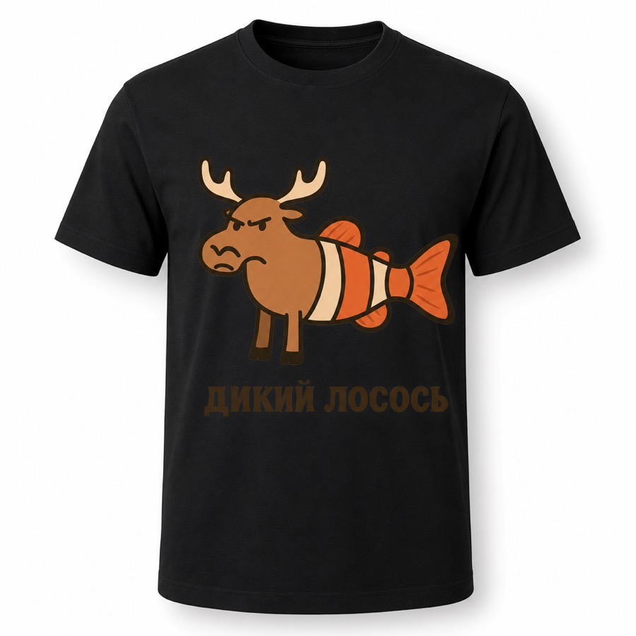 Футболка Дикий лосось — лось с телом рыбы-клоуна, чёрная